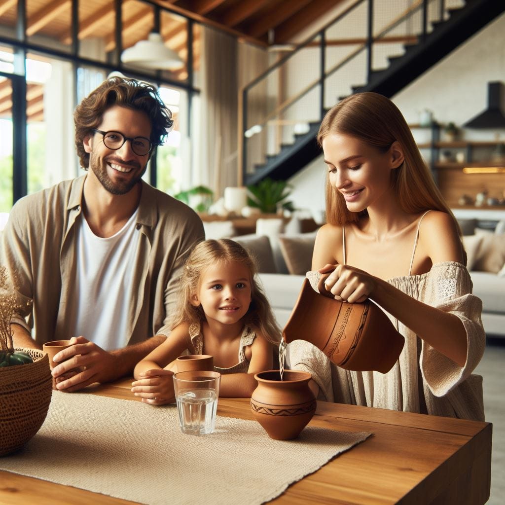 Rodzina pijąca wodę z glinianego dzbanka. Gliniany dzbanek stoi na stole.